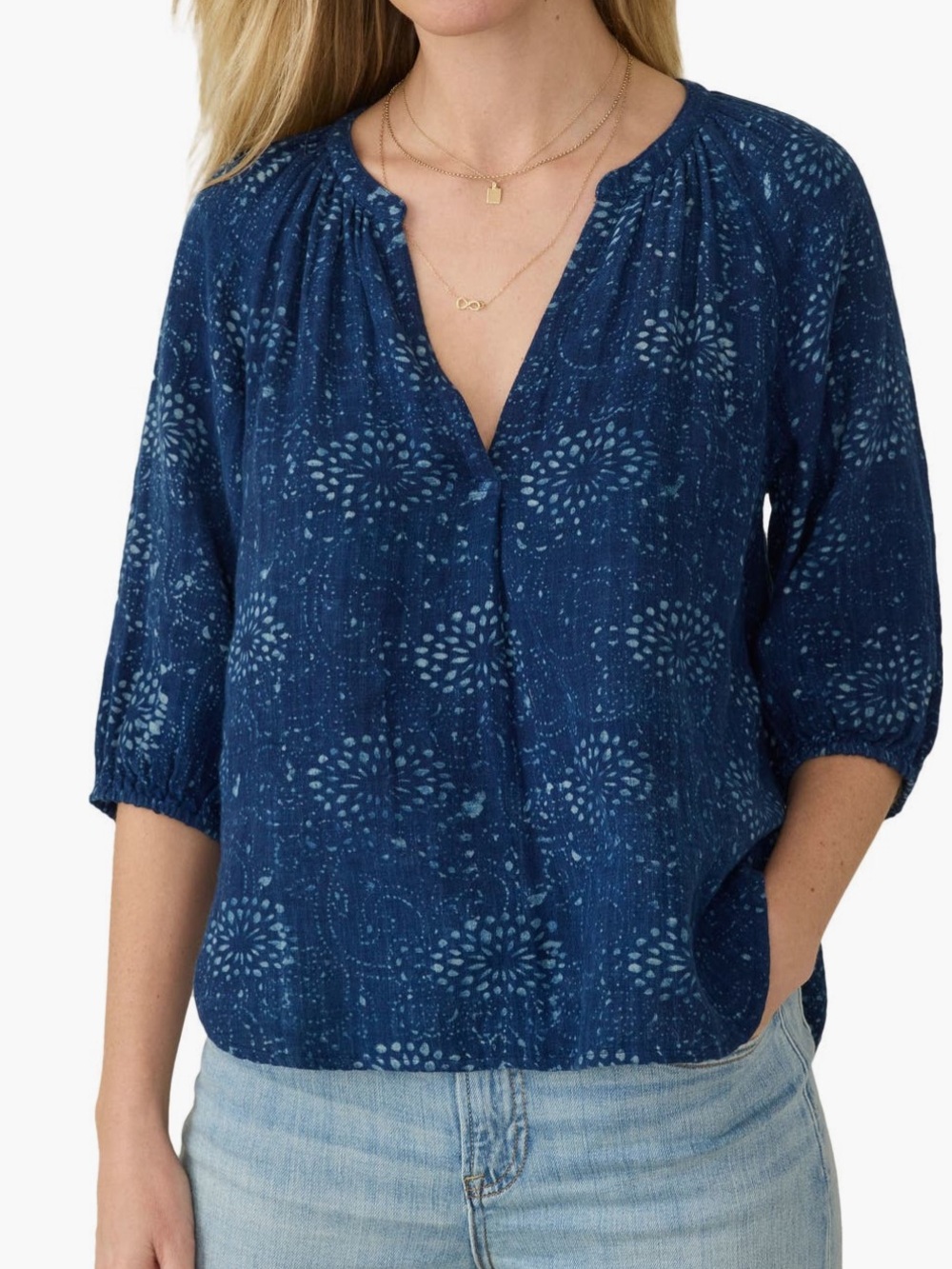 Faherty Deep Indigo Split V Gauze Peasant Top
